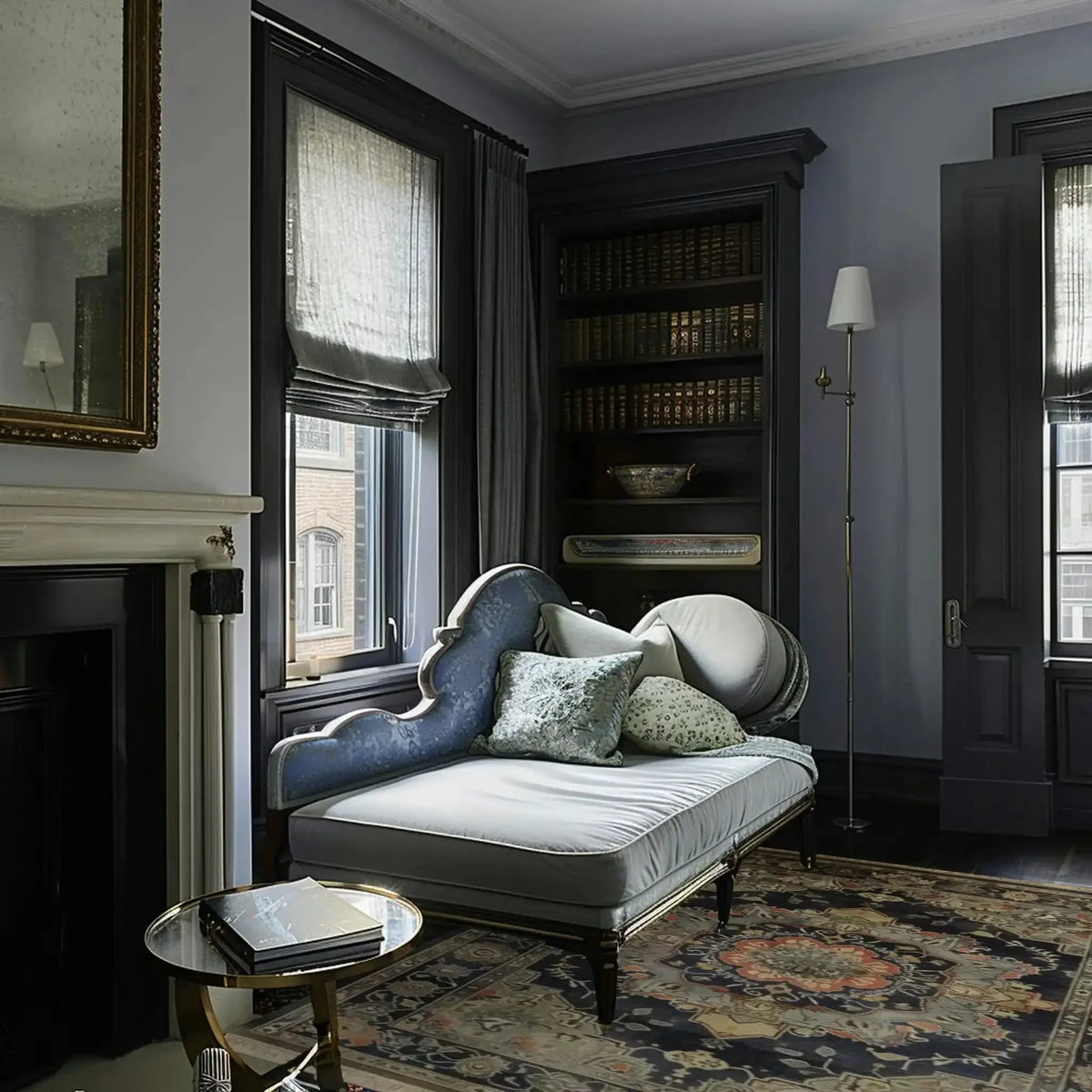 Decorative chaise lounge in a stylish room with dark floral traditional rug, bookshelf and window.