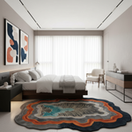 Modern bedroom with a bed, rug, and abstract art on the wall.