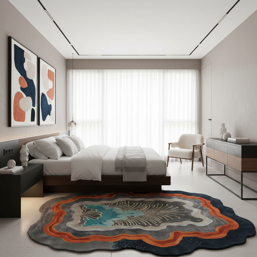 Modern bedroom with a bed, rug, and abstract art on the wall.
