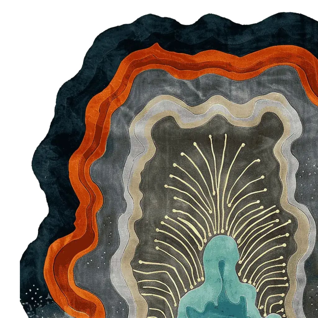 Top view of an organic coral shell hand tufted area rug, showcasing a contemporary abstract design with flowing layers in shades of blue, orange, and beige. This wool rug is perfect for adding a modern touch to any living room space, especially suitable as a living room rug in an 8x10 size.