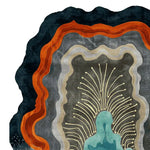 Top view of an organic coral shell hand tufted area rug, showcasing a contemporary abstract design with flowing layers in shades of blue, orange, and beige. This wool rug is perfect for adding a modern touch to any living room space, especially suitable as a living room rug in an 8x10 size.