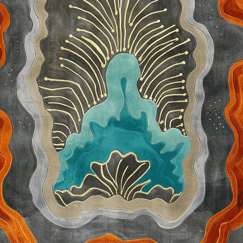 A vibrant, abstract organic coral shell design on a hand-tufted wool area rug. Featuring bold colors in teal, orange, and gray, this contemporary rug is perfect for adding a touch of artistry to your living room. Ideal as a centerpiece among 8x10 living room rugs.