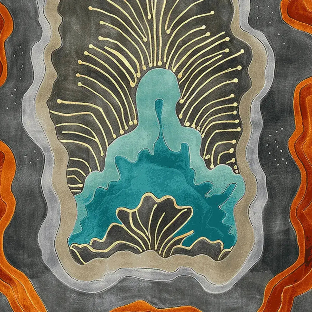 A vibrant, abstract organic coral shell design on a hand-tufted wool area rug. Featuring bold colors in teal, orange, and gray, this contemporary rug is perfect for adding a touch of artistry to your living room. Ideal as a centerpiece among 8x10 living room rugs.