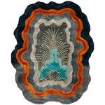 A stunning Organic Coral Shell Hand Tufted Area Rug featuring a contemporary abstract design. The wool rug displays vibrant colors with wavy patterns in shades of orange, blue, and grey, perfect as an 8x10 centerpiece for living room decor.