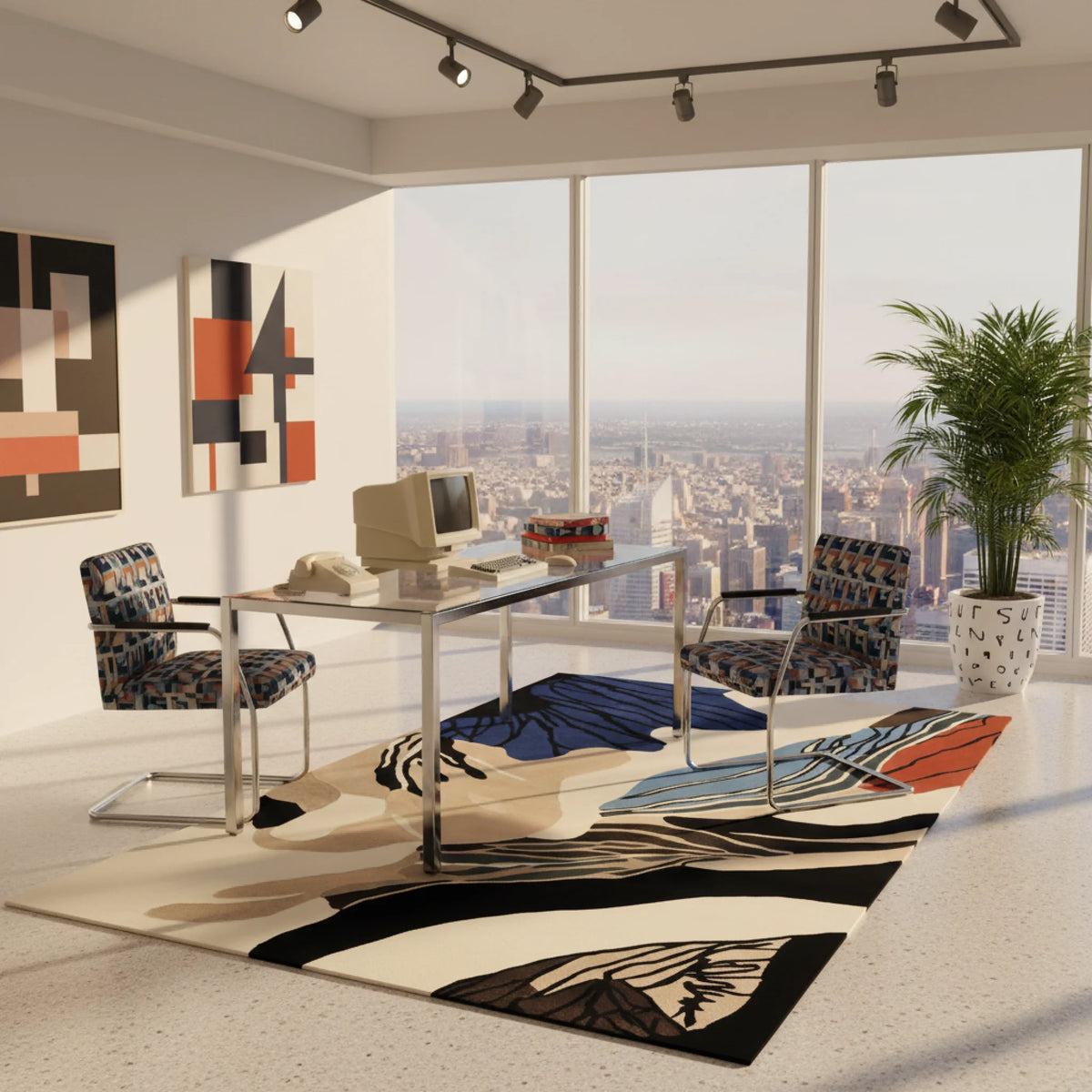 Modern office with a desk, chairs, and cityscape view