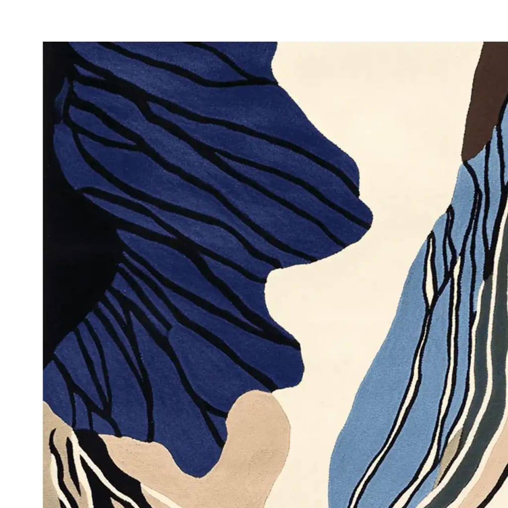 A vibrant area rug featuring an abstract design with deep blue and beige tones, perfect for contemporary settings. This wool rug, ideal for living rooms, measures 8x10, offering a stylish and modern touch.