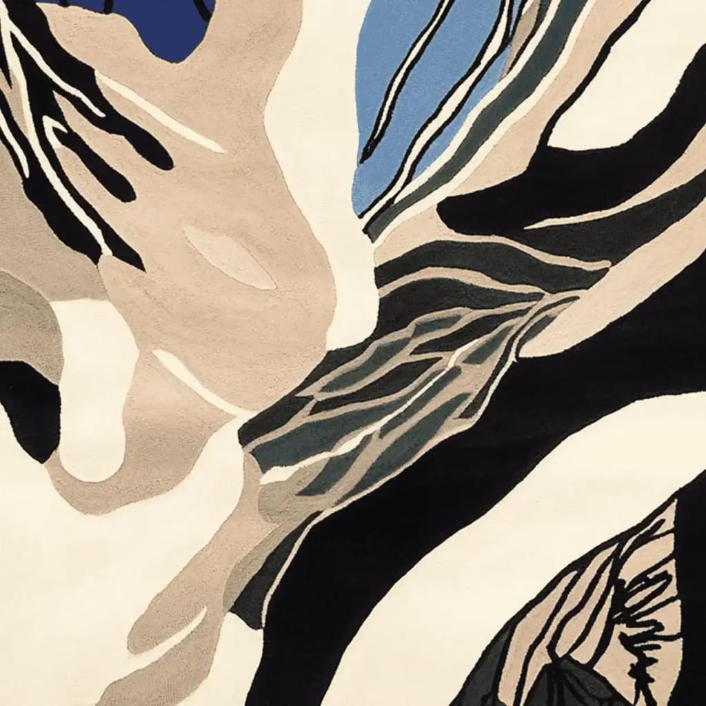 Top view of an Organic Depth Layers Hand Tufted Area Rug showcasing its contemporary abstract design. This wool rug features a blend of earthy tones and dynamic patterns, making it an ideal choice for modern living rooms. Perfect for adding a touch of artistic flair to your space, this 8x10 rug seamlessly integrates with various decor styles.