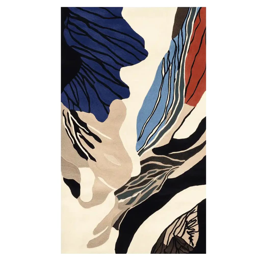 This image showcases the 'Organic Depth Layers Hand Tufted Rug', a stunning area rug designed with a contemporary flair. The rug features an abstract pattern with bold colors like blue, beige, and black, making it an ideal wool rug for modern living rooms. Perfect for those seeking an 8x10 living room rug that combines style and comfort.