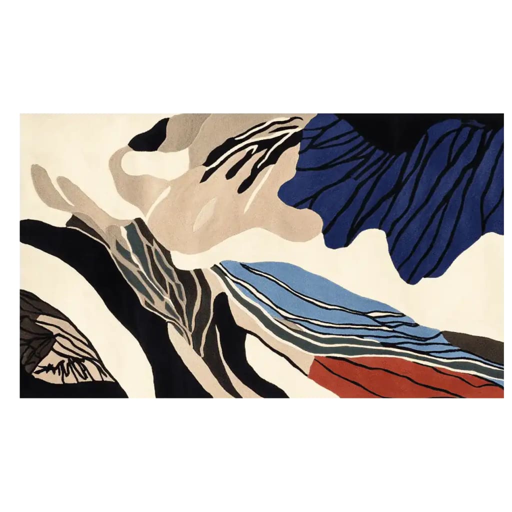 Experience the artistic flair of the Organic Depth Layers Hand Tufted Area Rug, a contemporary rug crafted from premium wool. Its vibrant abstract design in shades of blue, beige, and black adds a modern touch to any living room decor. This 8x10 wool rug is perfect for those seeking stylish and functional rugs for their living room.