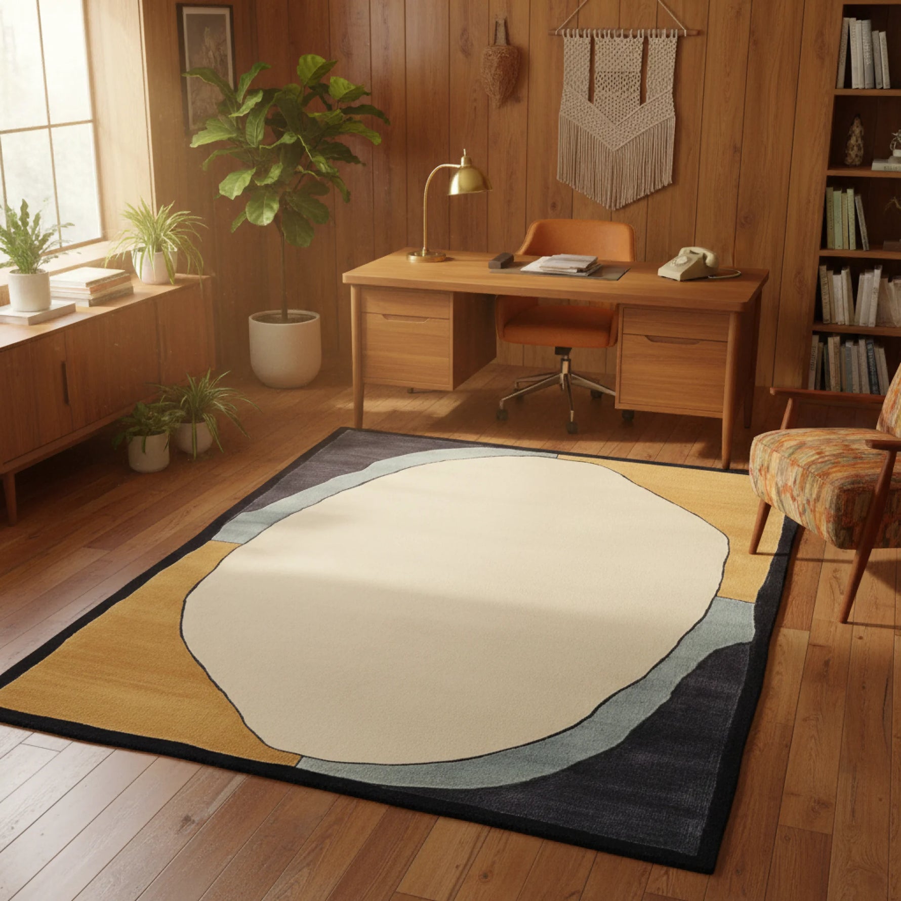 Home office with wooden desk, chair, and decorative rug on wooden floor.