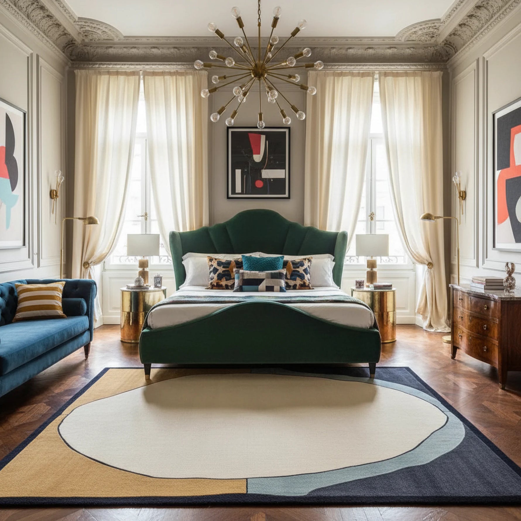 Luxurious bedroom with a green bed, blue sofa, and decorative rug.