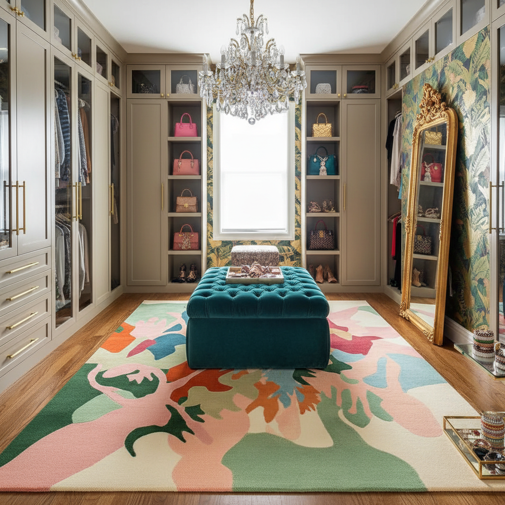 Luxurious bedroom with a colorful rug, teal ottoman, and decorative shelves.
