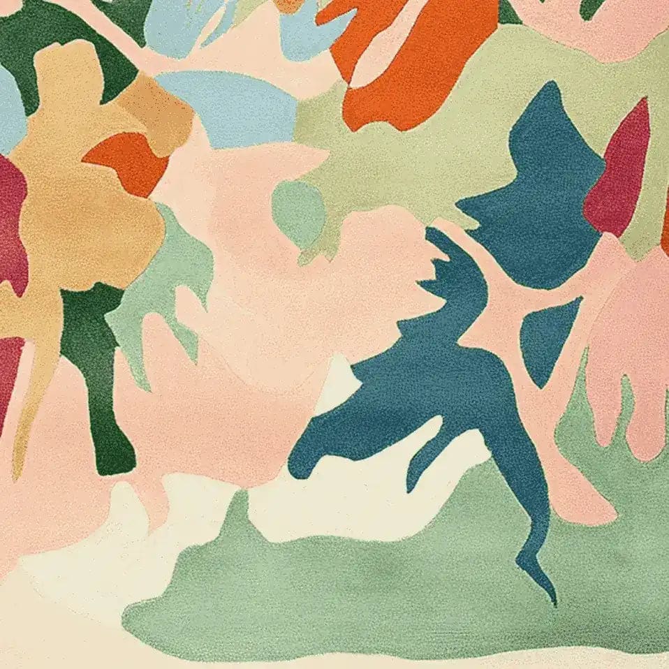 A vibrant abstract design on an Organic Flame Fusion Hand Tufted Area Rug, featuring a contemporary mix of pastel and bold colors like orange, blue, and green. This wool rug is perfect for adding a splash of color to living rooms, ideally sized at 8x10 for modern interiors.