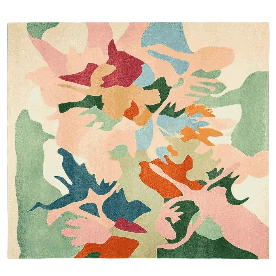 Vibrant and colorful organic flame fusion hand tufted area rug, featuring an abstract design with splashes of green, blue, pink, and orange, perfect as a contemporary wool rug for living room spaces, available in 8x10 size.