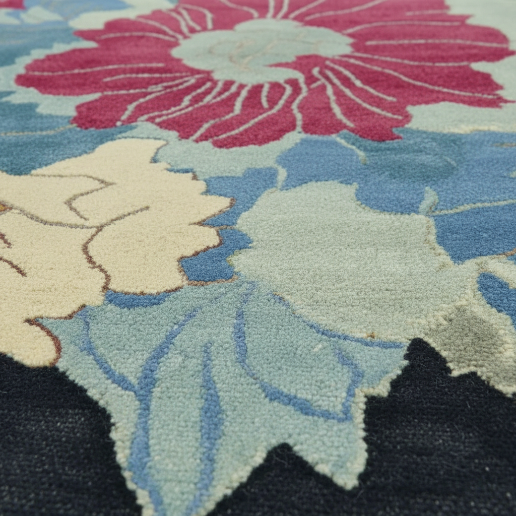 Close-up of a floral patterned rug with pink flowers and green leaves.