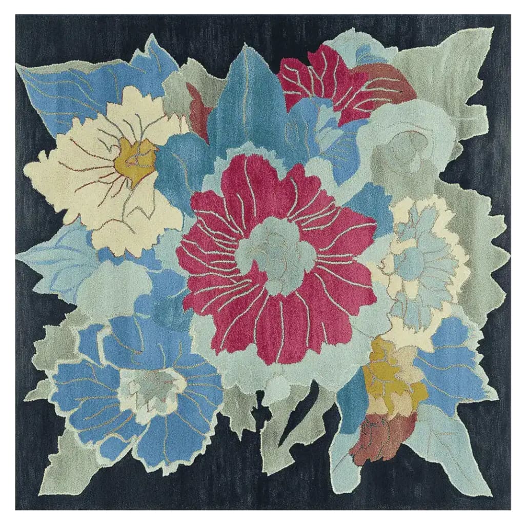 Organic Flame Garden Hand Tufted Rug showcasing a vibrant floral design with red, blue, and cream flowers. This contemporary square area rug is perfect for adding a touch of elegance to any living room. Made from high-quality wool, this area rug is both durable and stylish, ideal for enhancing the aesthetic of your living space.