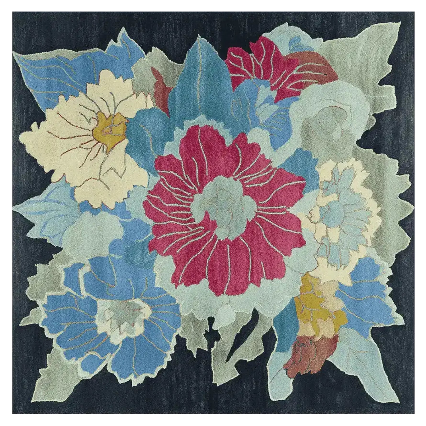 Organic Flame Garden Hand Tufted Rug showcasing a vibrant floral design with red, blue, and cream flowers. This contemporary square area rug is perfect for adding a touch of elegance to any living room. Made from high-quality wool, this area rug is both durable and stylish, ideal for enhancing the aesthetic of your living space.