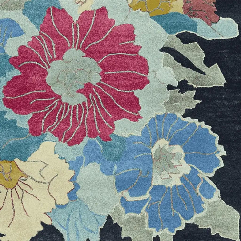 A vibrant hand-tufted wool area rug featuring an abstract floral design in bold hues of red, blue, and yellow, perfect for adding a contemporary touch to any living room. This square area rug showcases intricate patterns and is ideal for those seeking stylish rugs for their living space.