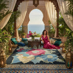 Woman in a pink dress sitting on a colorful rug in a decorative outdoor setting with ocean view.