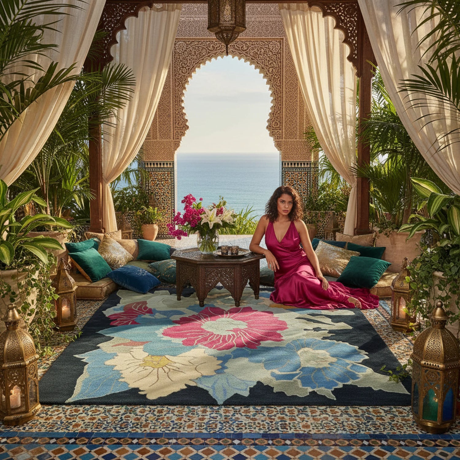 Woman in a pink dress sitting on a colorful rug in a decorative outdoor setting with ocean view.
