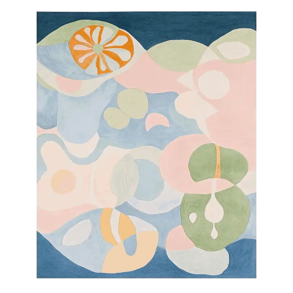 Organic Flow Hand Tufted Rug featuring an abstract design with soft pastel colors, perfect as an area rug for contemporary living rooms. This large wool rug showcases a blend of blue, pink, and green tones, adding a modern touch to any space.