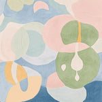 Top view of an Organic Flow Hand Tufted Area Rug showcasing an abstract design with pastel colors. This contemporary wool rug features soft hues of green, pink, and blue, making it an ideal choice for large living room rugs.