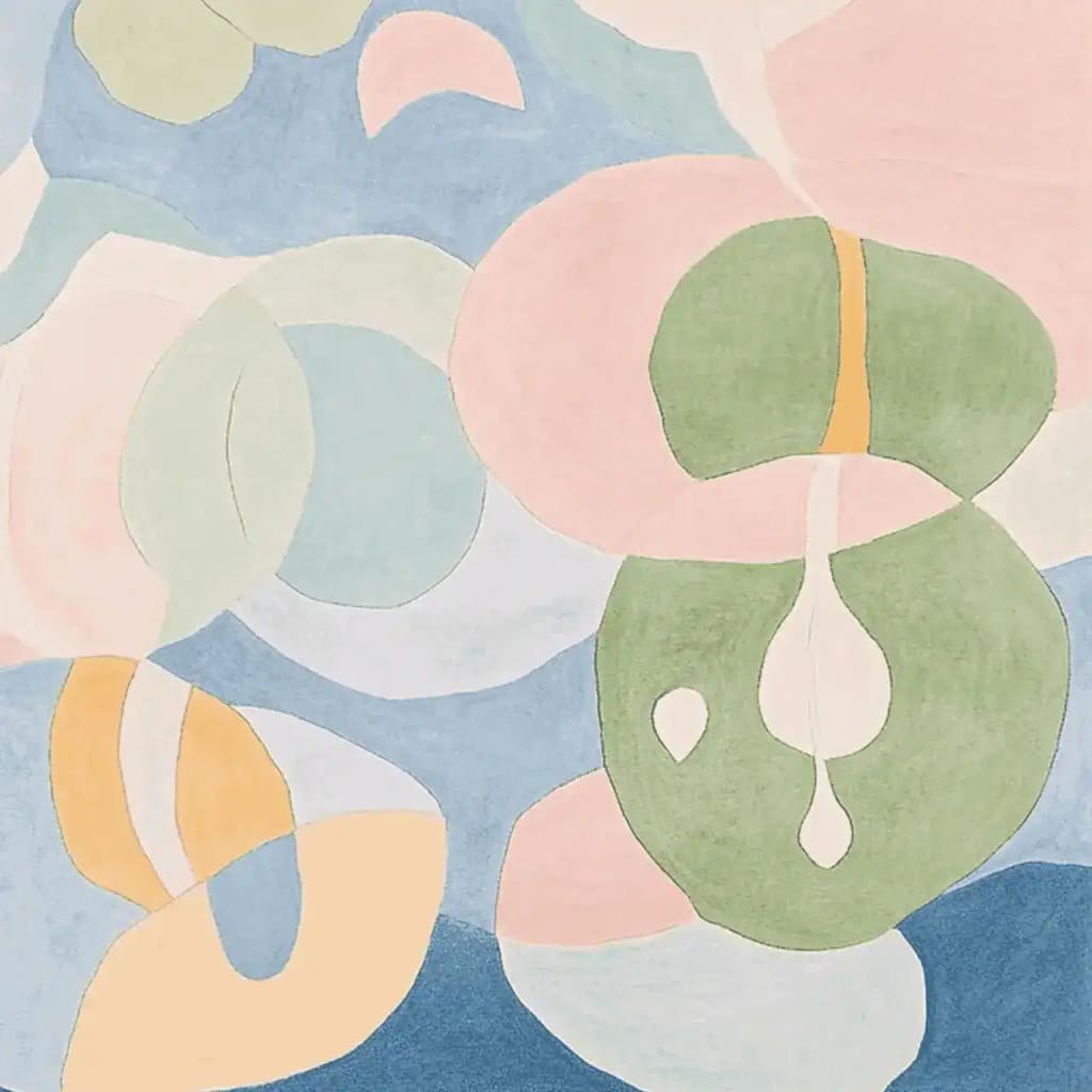 Top view of an Organic Flow Hand Tufted Area Rug showcasing an abstract design with pastel colors. This contemporary wool rug features soft hues of green, pink, and blue, making it an ideal choice for large living room rugs.