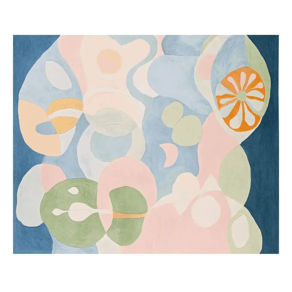 A vibrant, contemporary area rug featuring an abstract design in soft pastel colors including pink, blue, and green. This large wool rug is perfect for adding a modern touch to any living room, creating a cozy and stylish atmosphere.
