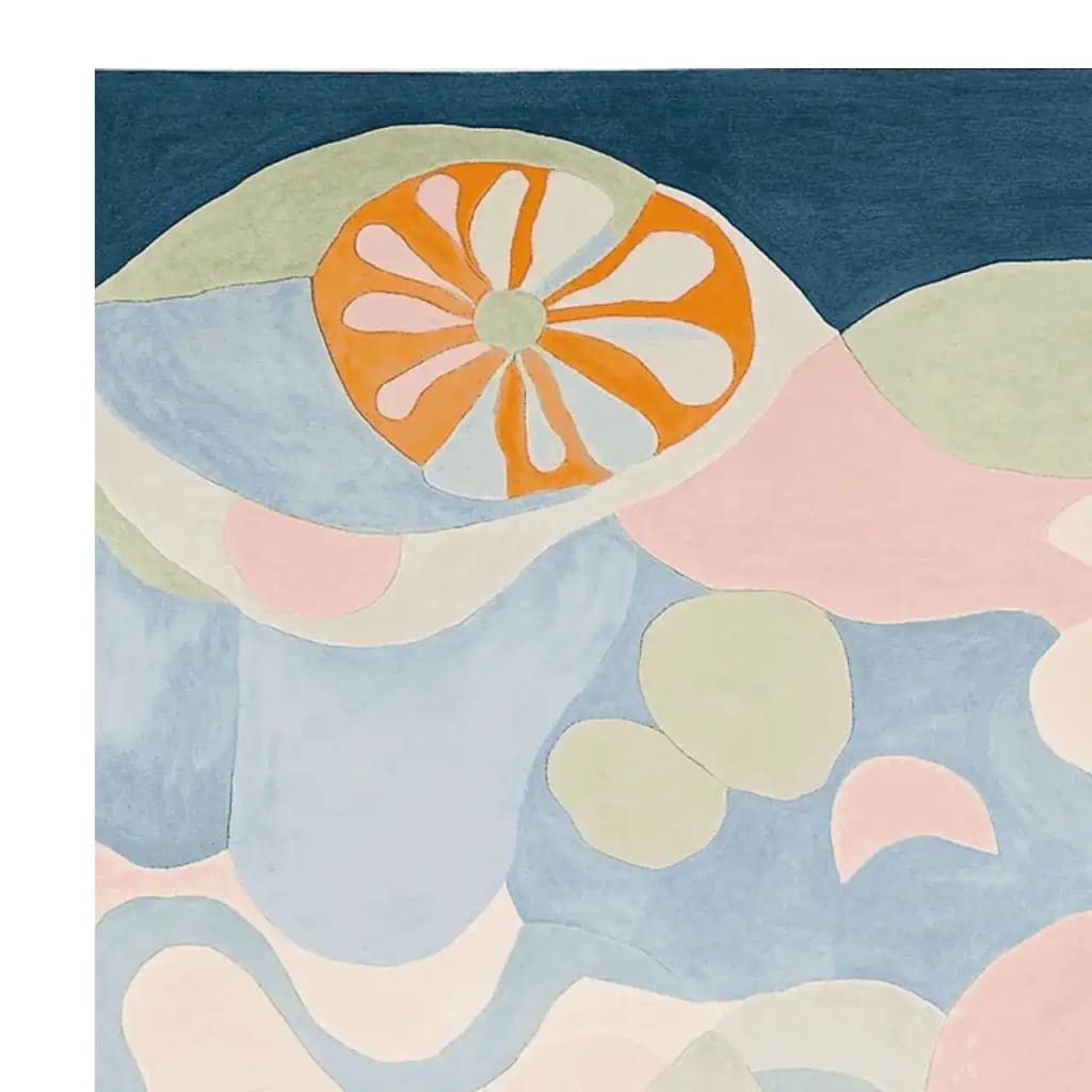 A beautifully designed area rug featuring an abstract contemporary pattern with vibrant colors like blue, orange, and pink. This hand-tufted wool rug is perfect for adding a touch of modern elegance to large living rooms, making it a stunning centerpiece among rugs for living room settings.