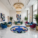 Luxurious hotel lobby room with colorful furniture, blue contemporary wool rug, and a large chandelier.
