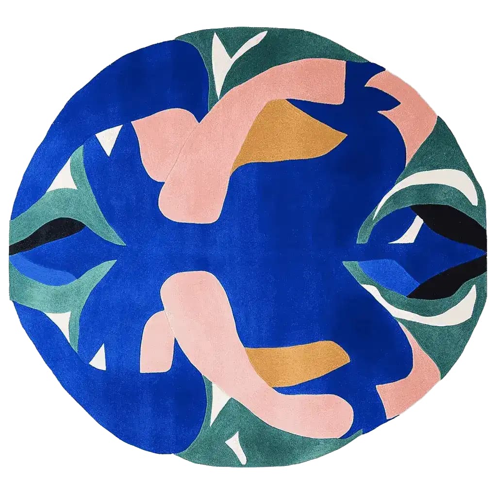 A vibrant, hand-tufted round area rug with an abstract design featuring bold blue, pink, green, and mustard colors. Perfect as a contemporary rug, this wool rug adds a splash of color and style to any living room, making it an ideal choice for those seeking unique area rugs for living room decor.