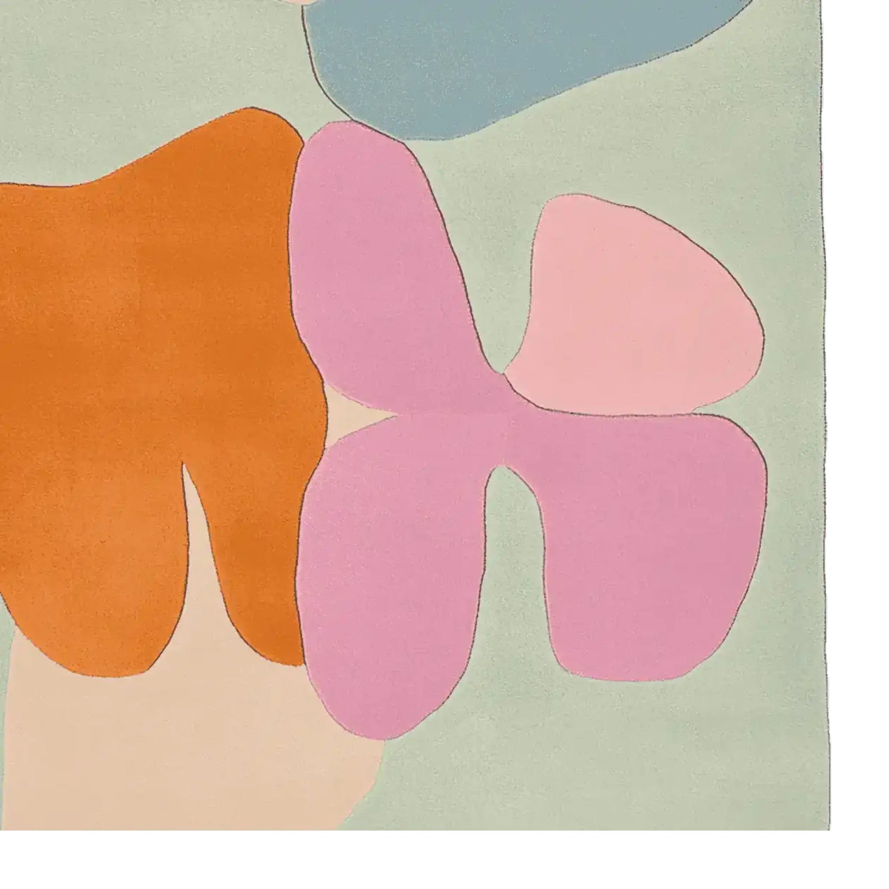 Top view of a colorful area rug featuring an organic abstract design with bold shapes in orange, pink, and blue tones. This contemporary wool rug is perfect for adding a vibrant touch to your living room. Ideal as an 8x10 area rug for living room spaces, it combines modern aesthetics with cozy comfort.