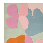 Top view of an Organic Form Language Hand Tufted Area Rug showcasing a contemporary abstract design. The wool rug features a mix of pastel colors including pink, blue, and orange, perfect for adding a modern touch to living room spaces. Ideal for an 8x10 area rug setting.