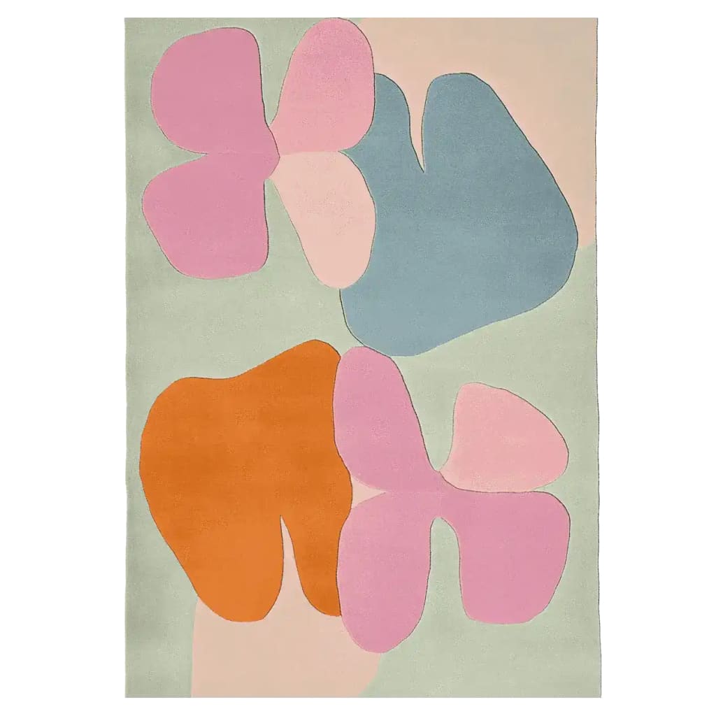 A vibrant area rug featuring an abstract design with organic shapes in pink, orange, and blue hues. This contemporary wool rug is perfect for adding a pop of color to living room spaces, especially in 8x10 dimensions, making it an excellent choice for area rugs for the living room.