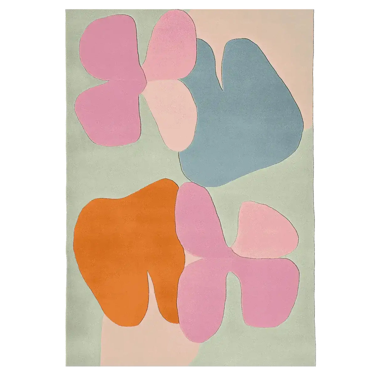 A vibrant area rug featuring an abstract design with organic shapes in pink, orange, and blue hues. This contemporary wool rug is perfect for adding a pop of color to living room spaces, especially in 8x10 dimensions, making it an excellent choice for area rugs for the living room.