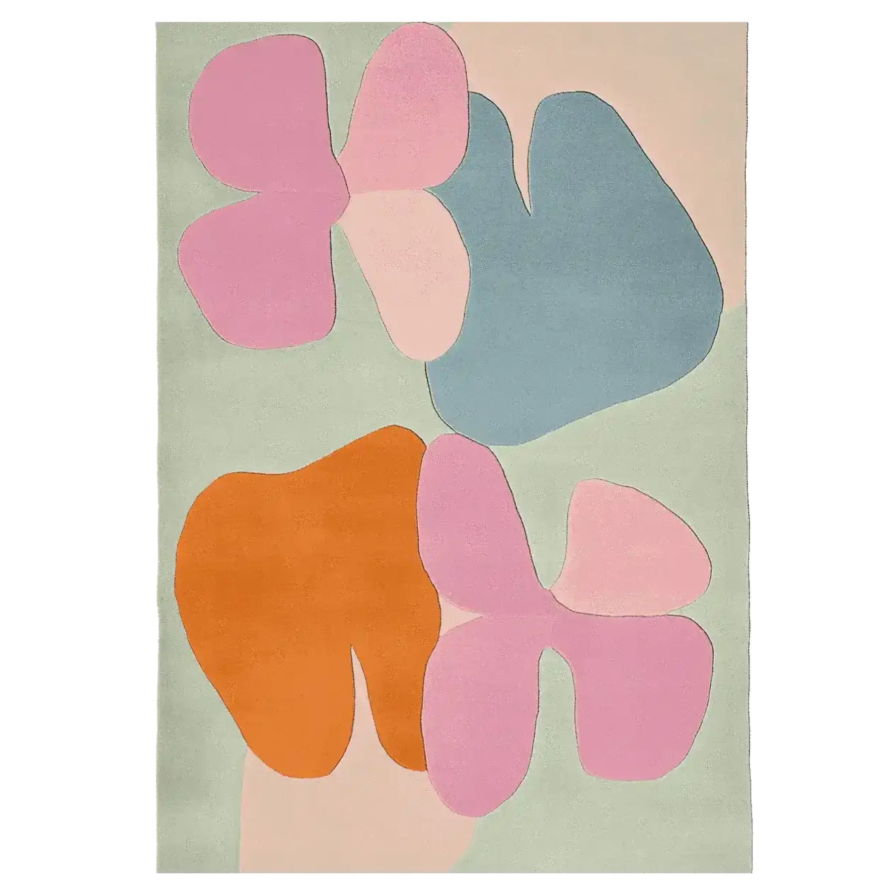 A vibrant area rug featuring an abstract design with organic shapes in pink, orange, and blue hues. This contemporary wool rug is perfect for adding a pop of color to living room spaces, especially in 8x10 dimensions, making it an excellent choice for area rugs for the living room.