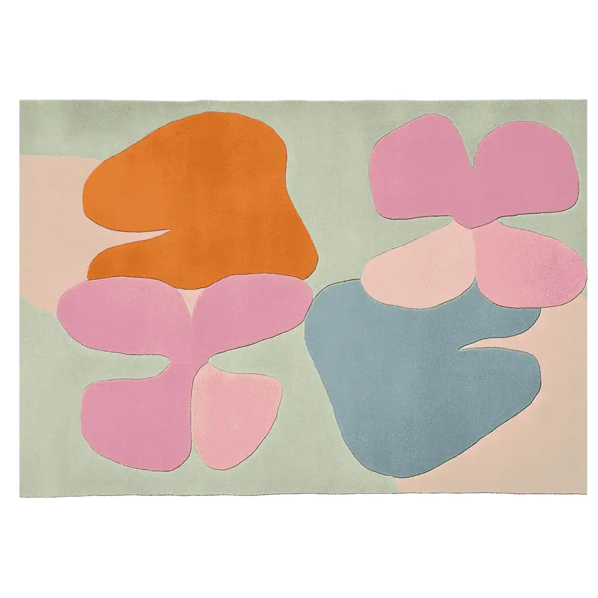 A vibrant area rug featuring an abstract, organic design with bold shapes in orange, pink, and blue. This contemporary wool rug is perfect for adding a splash of color to a living room. Ideal as an 8x10 area rug for modern interiors.