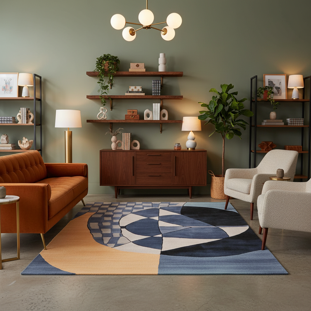 Modern living room with a geometric rug, brown sofa, and wooden shelves.
