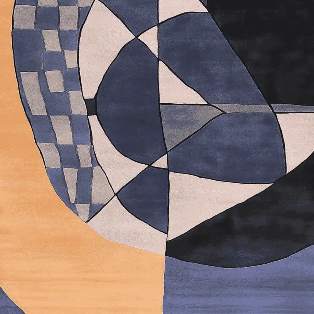 Close-up view of a hand-tufted area rug featuring a contemporary geometric design. The wool rug displays an abstract pattern with shades of blue, black, and beige, perfect for adding a modern touch to large living room spaces.
