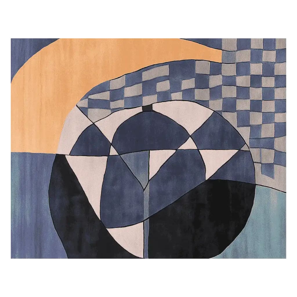 This eye-catching area rug features an abstract design with geometric patterns in shades of blue, black, and beige, perfect for adding a contemporary touch to any living room. Made from high-quality wool, this large living room rug offers both style and comfort, making it an ideal choice for those seeking a modern wool rug.