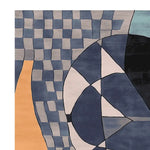 An abstract design on a hand tufted wool rug, featuring a mix of geometric patterns and soothing blue, black, and beige tones. This contemporary area rug is perfect for adding a modern touch to large living room spaces.