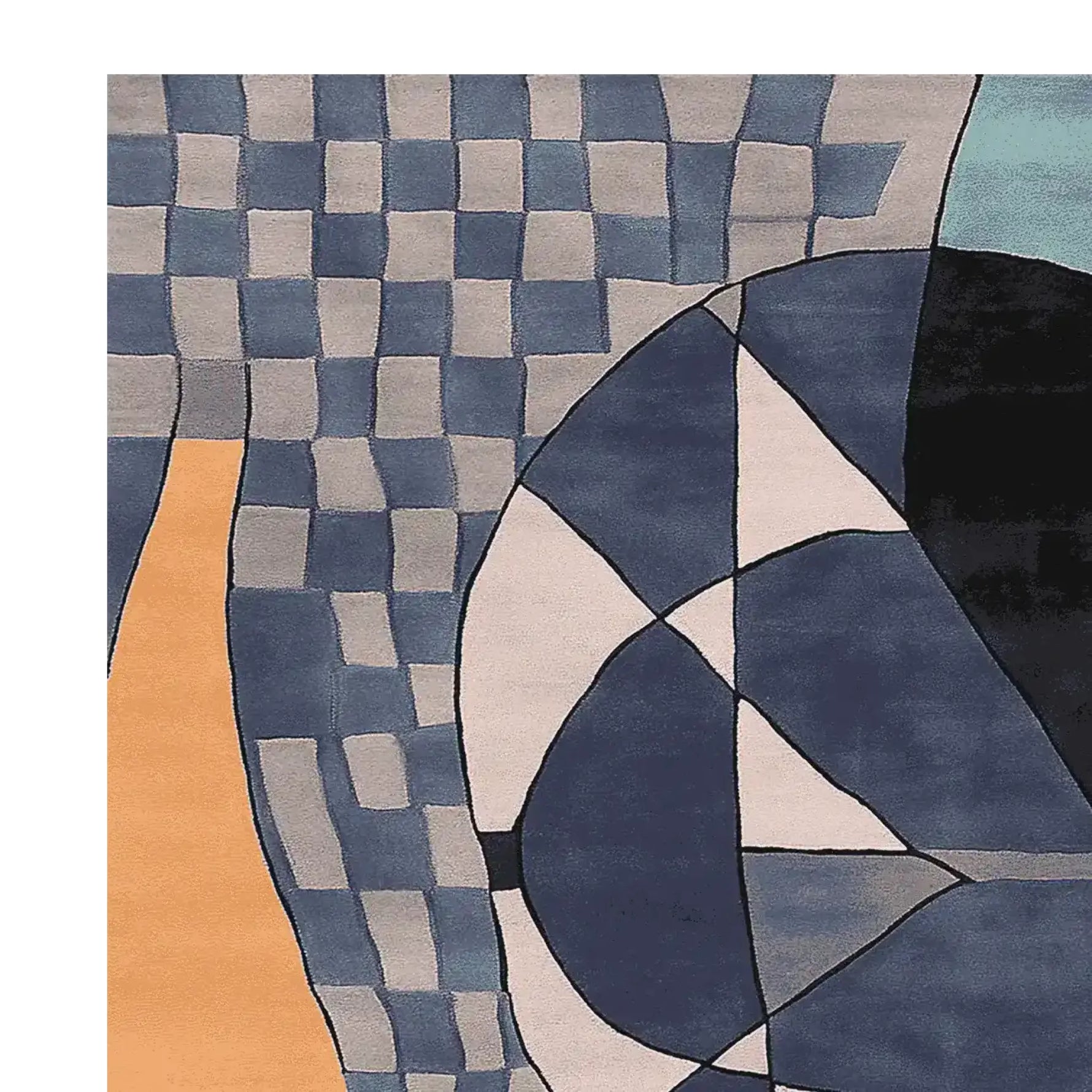 An abstract design on a hand tufted wool rug, featuring a mix of geometric patterns and soothing blue, black, and beige tones. This contemporary area rug is perfect for adding a modern touch to large living room spaces.