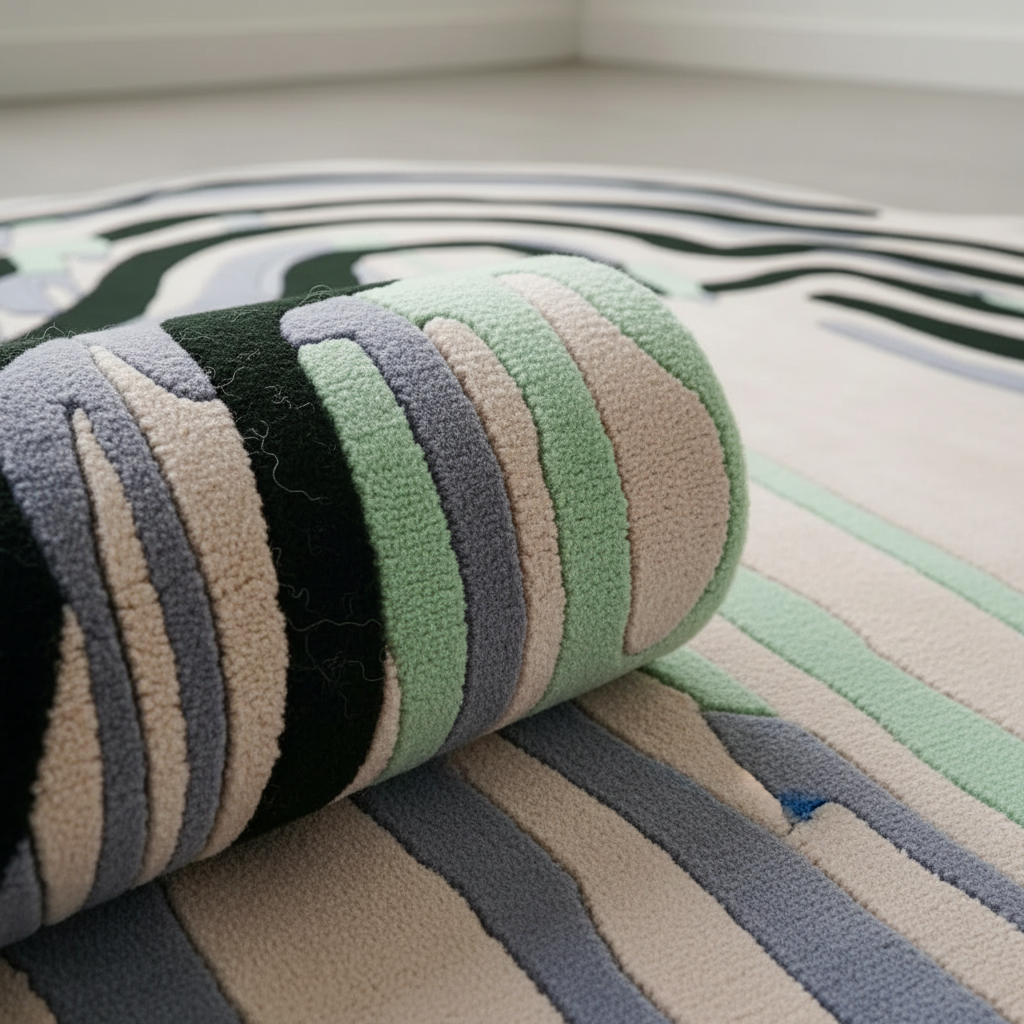 Close-up of a patterned rug with multicolor stripes on a neutral background