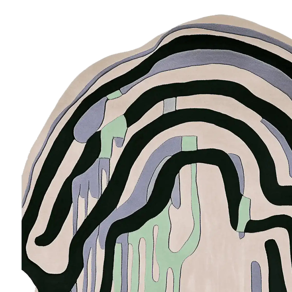 Top view of the Organic Layer Poem Hand Tufted Rug, a stunning contemporary area rug with abstract design, perfect for enhancing living room decor. This wool rug features flowing black, green, and gray patterns, ideal for those seeking unique rugs for living room spaces.