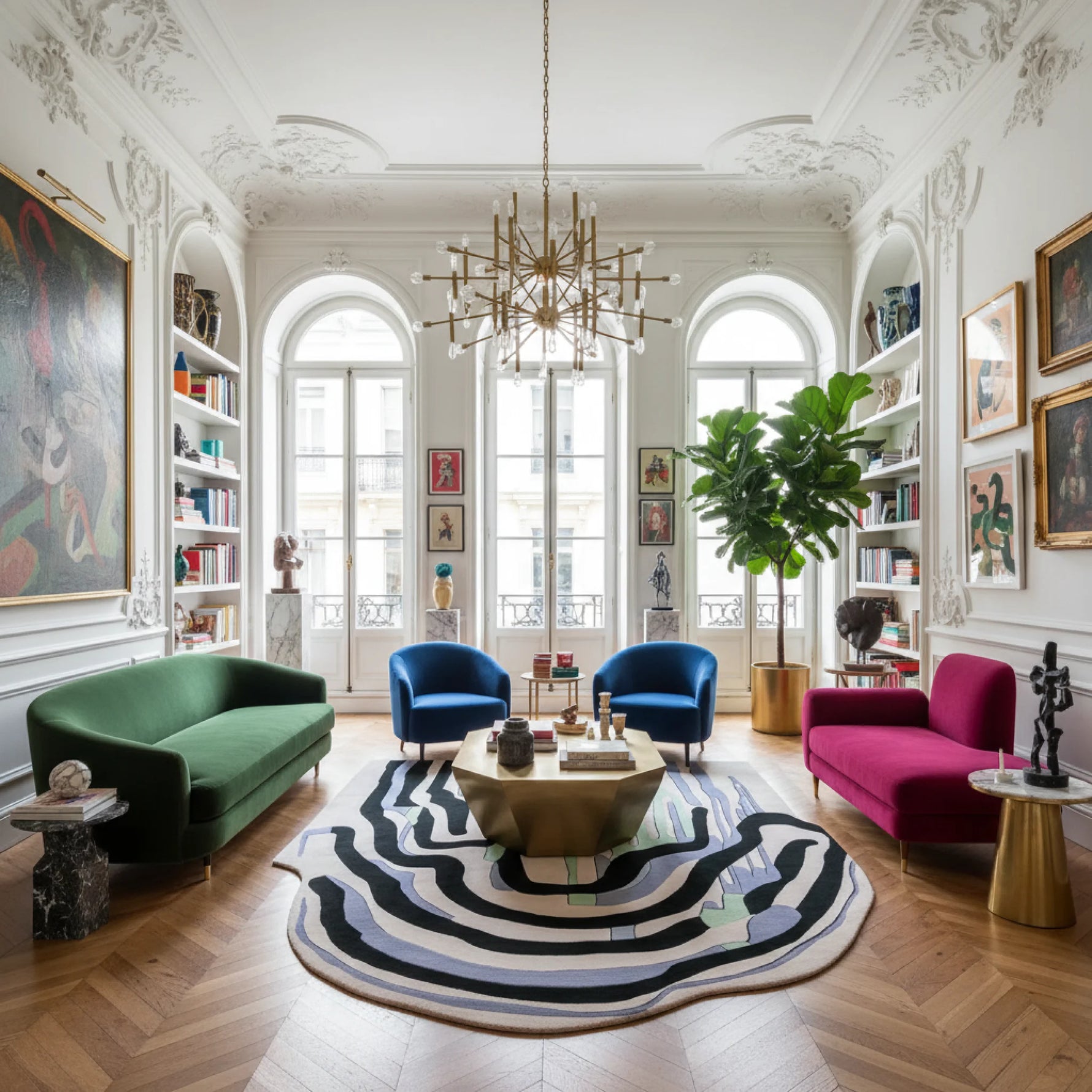 Elegant living room with colorful furniture and decorative elements