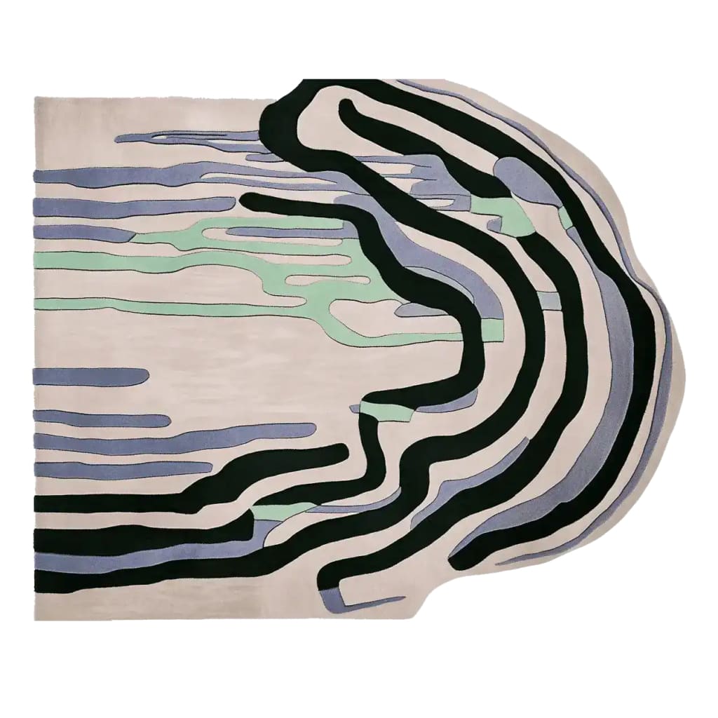 A contemporary, organic layer poem hand-tufted wool rug featuring an abstract design with flowing lines in black, green, and purple against a beige background. Perfect for enhancing living room spaces, this area rug adds a modern touch to your home decor.
