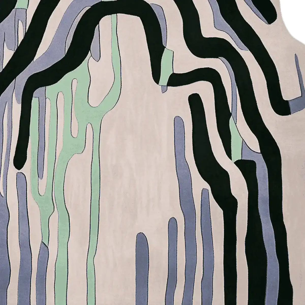 This is an abstract-designed area rug with a blend of pastel and dark colors, perfect for contemporary living room spaces. The hand-tufted wool rug features flowing lines in shades of green, blue, and black, creating a modern artistic appeal for those seeking stylish rugs for living rooms.