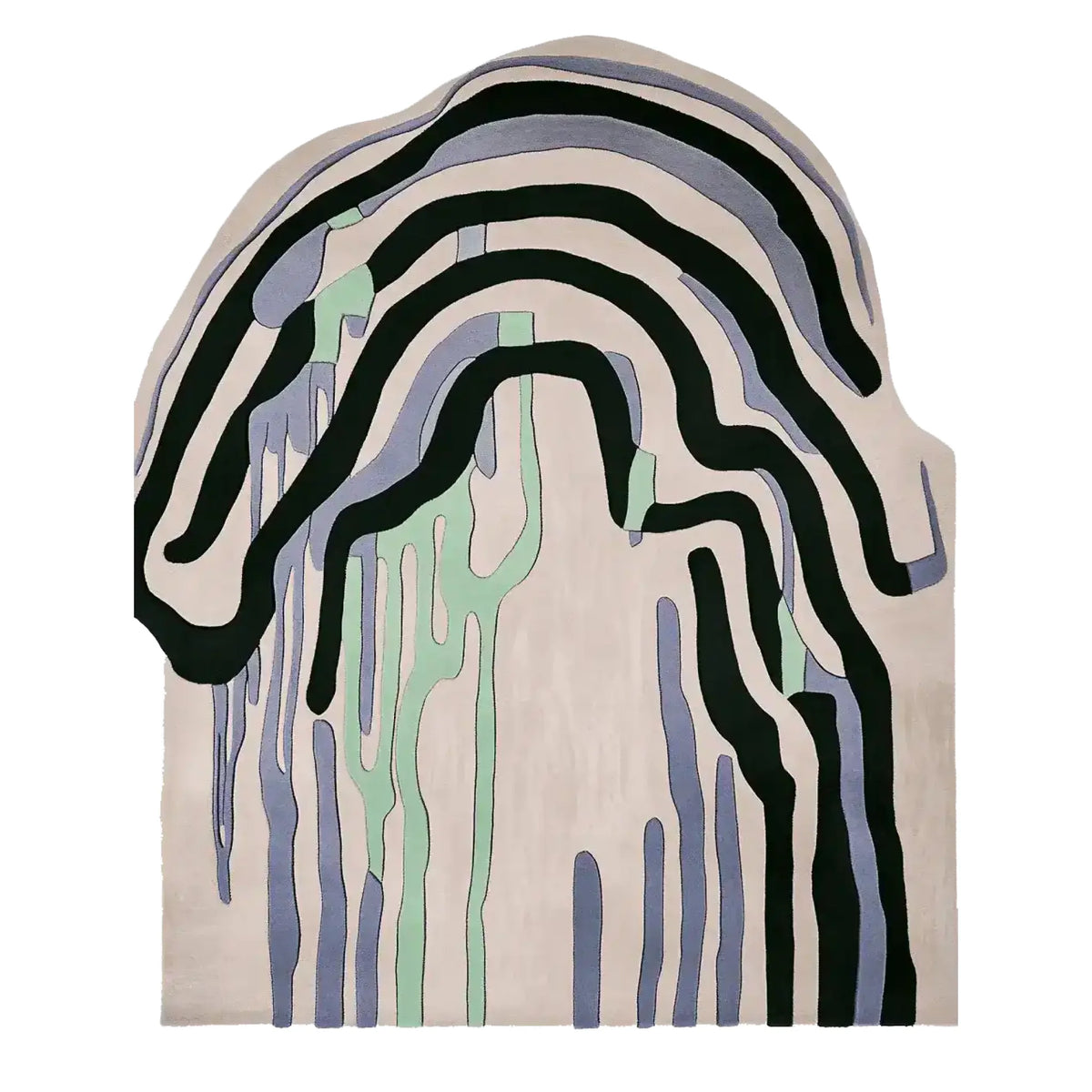 This Organic Layer Poem Hand Tufted Rug features an abstract design with flowing black, green, and blue patterns on a neutral background. Perfect as a contemporary area rug, this wool rug adds a modern touch to any living space. Ideal for those seeking unique living room area rugs.