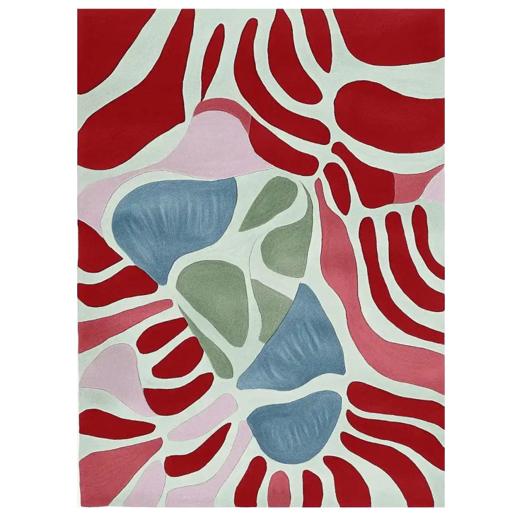 A vibrant and contemporary area rug featuring an abstract design with bold red, pink, blue, and green shapes. This wool rug is perfect for adding a modern touch to large living room spaces. Ideal as a living room rug in an 8x10 size.
