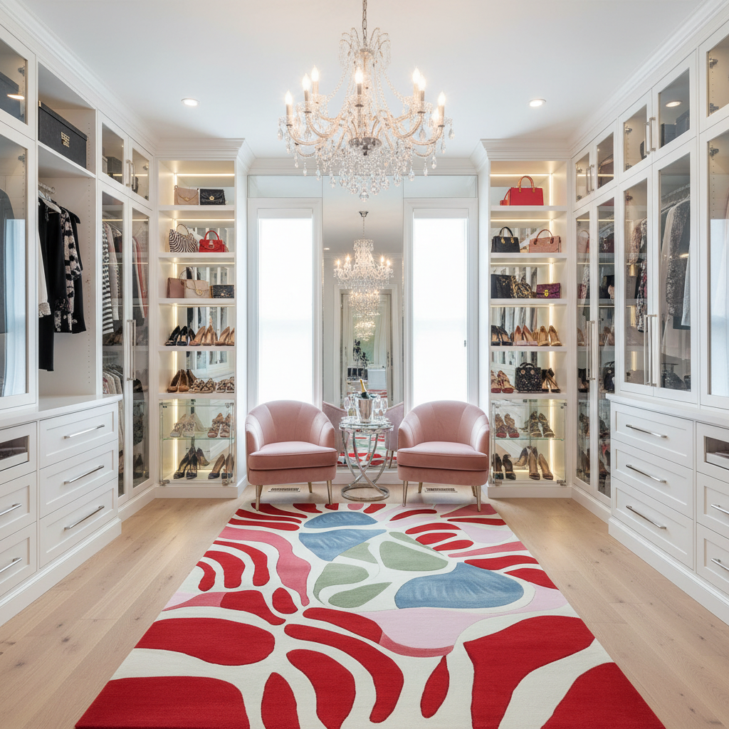 Modern walk-in closet with white shelves, pink chairs, and a colorful rug.